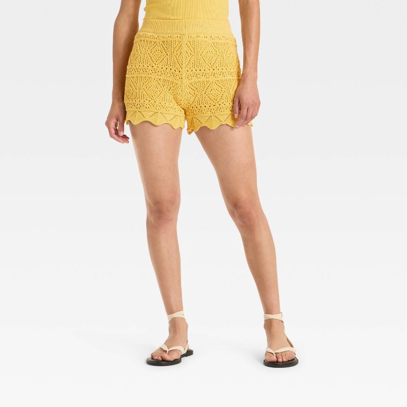 slide 1 of 3, Women's High-Rise Crochet-Style Pull-On Shorts - A New Day™ Yellow S, 1 ct