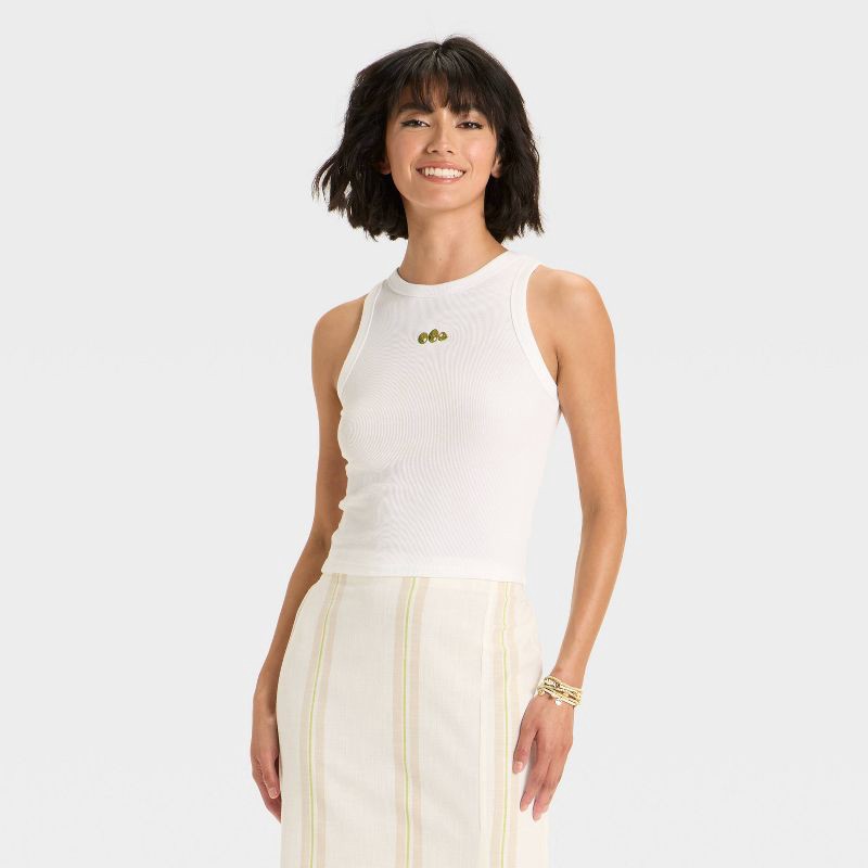 slide 1 of 4, Women's Embroidered Icon Knit Tank Top - A New Day™ White S, 1 ct