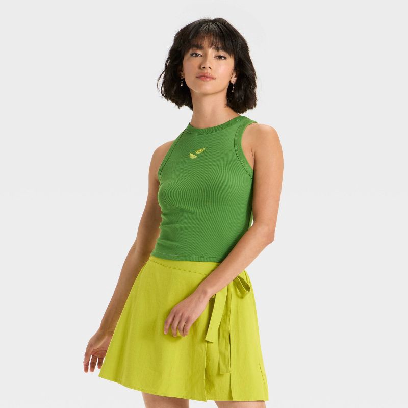 slide 1 of 4, Women's Embroidered Icon Knit Tank Top - A New Day™ Green L, 1 ct