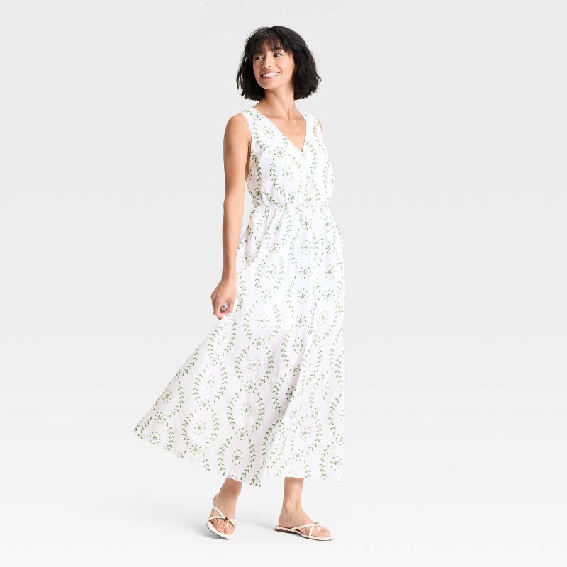 slide 3 of 3, Women's Maxi Open Back Sundress - A New Day™ White/Green L, 1 ct