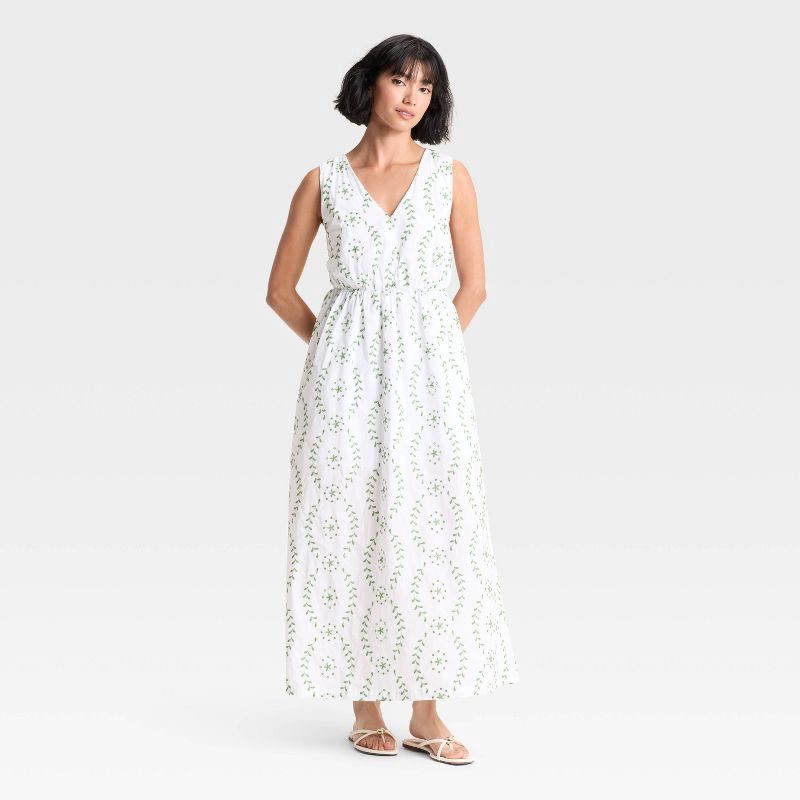 slide 1 of 3, Women's Maxi Open Back Sundress - A New Day™ White/Green L, 1 ct
