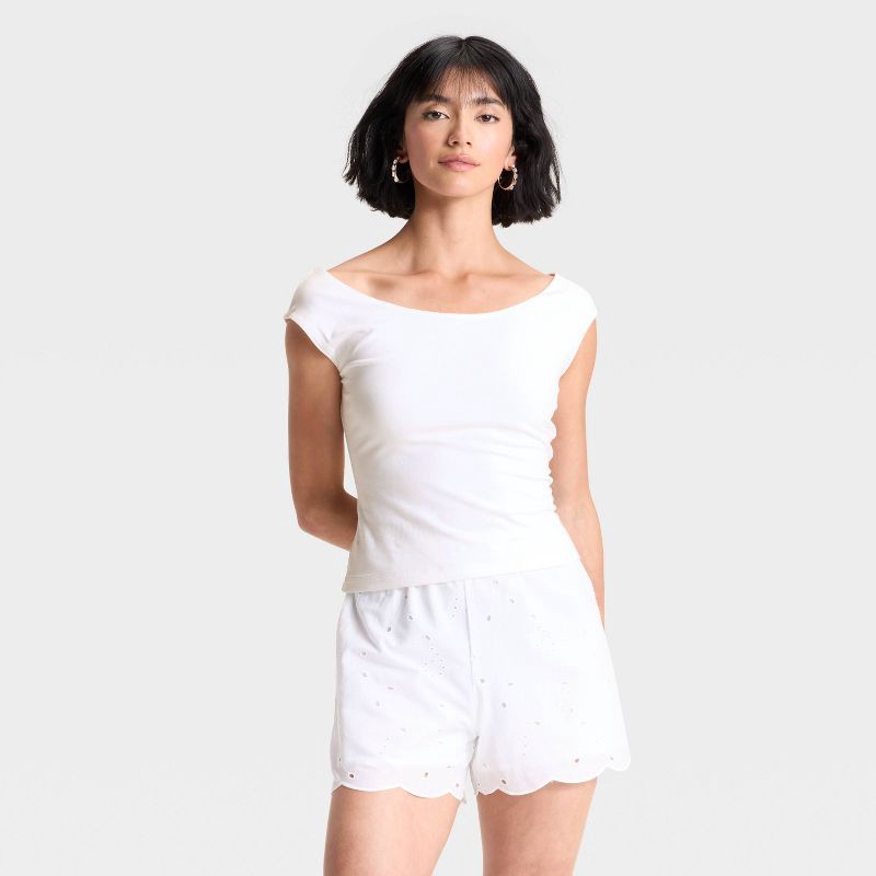 slide 1 of 3, Women's Slim Fit Short Sleeve Off the Shoulder Top - A New Day™ White M, 1 ct