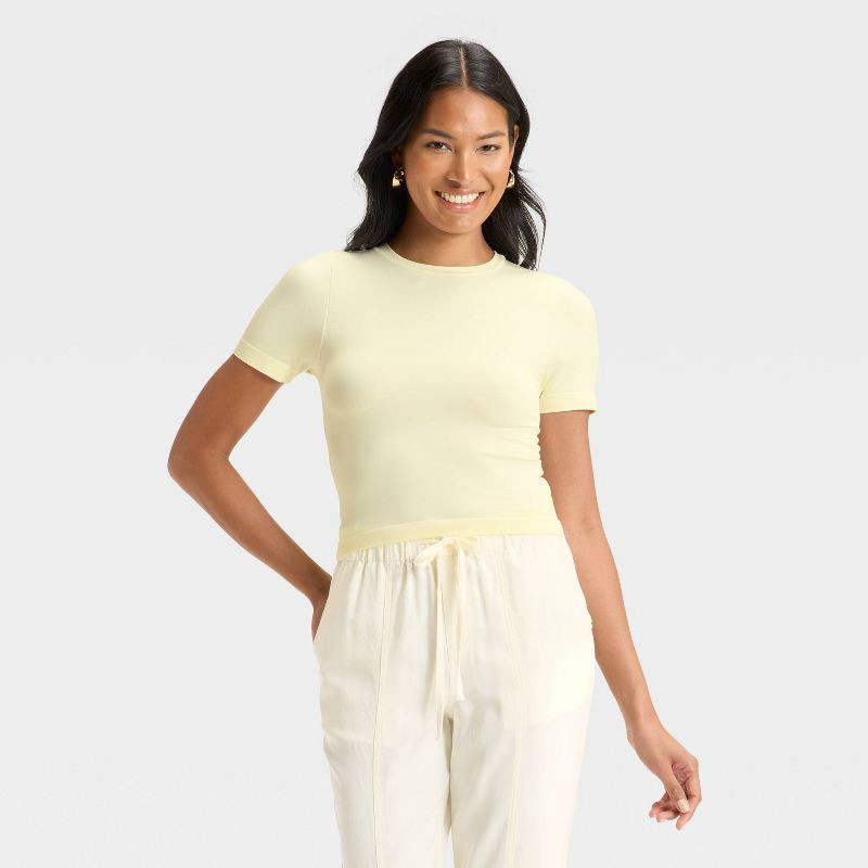 slide 1 of 3, Women's Slim Fit Short Sleeve Seamless Baby T-Shirt - A New Day™ Off-White L, 1 ct