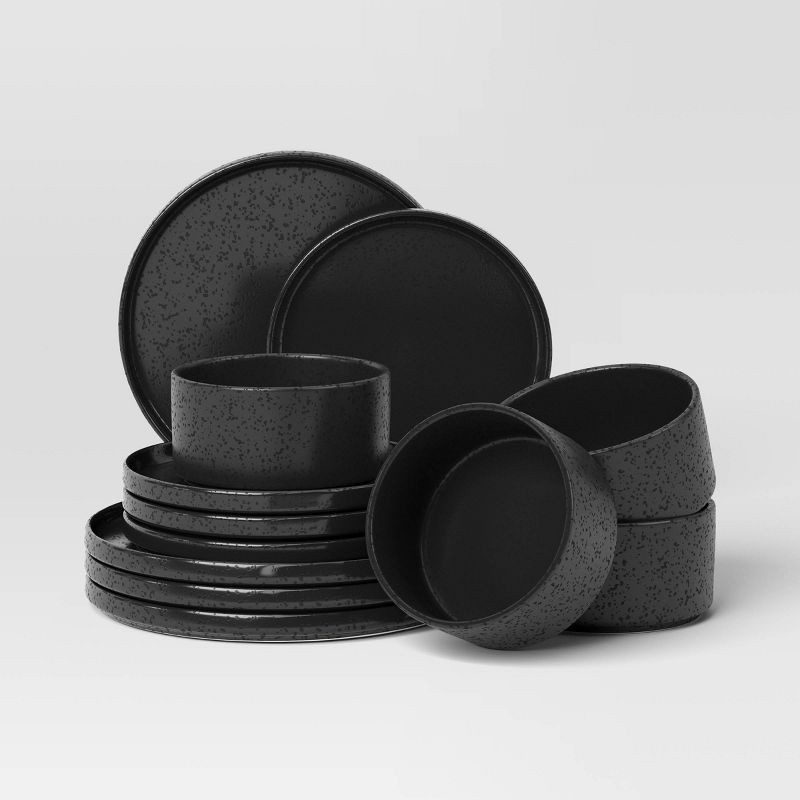 slide 1 of 5, 12pc Stoneware Stella Dinnerware Set Black - Threshold™, 12 ct