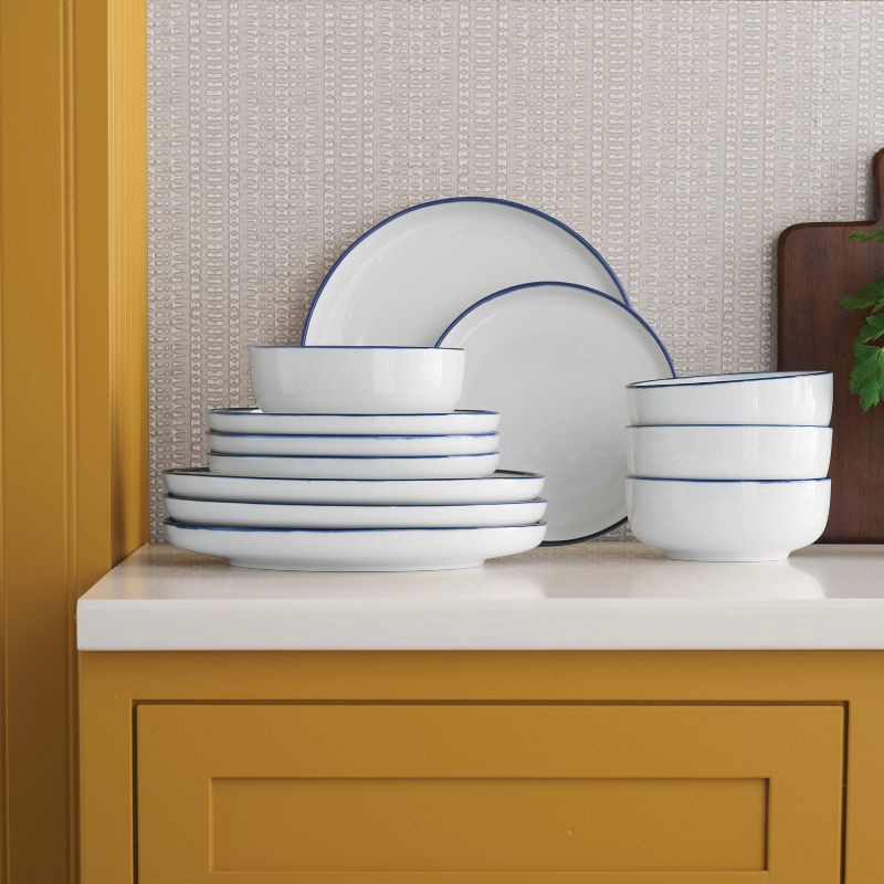 slide 3 of 5, 12pc Stoneware Dinnerware Set Blue Rim - Threshold™, 12 ct