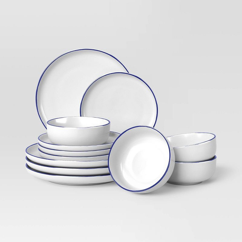 slide 1 of 5, 12pc Stoneware Dinnerware Set Blue Rim - Threshold™, 12 ct