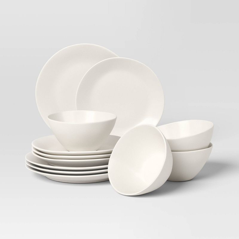 slide 1 of 5, 12pc Stoneware Aralia Dinnerware Set Sour Cream - Threshold™, 12 ct