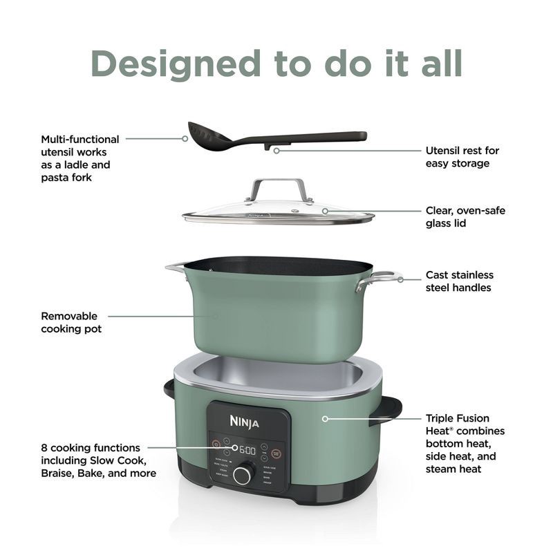 slide 12 of 12, Ninja PossibleCooker PRO 8.5qt Multi-Cooker with 8-in-1 Slow Cooker, Dutch Oven, Sous Vide, Oven Safe Pot to 500°F Sage Green MC1001GN, 8.5 qt
