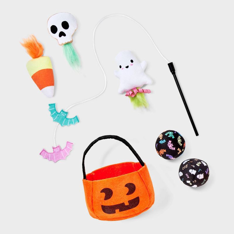 slide 3 of 3, Pumpkin Pail Cat Ball Plush Toy Set - 6pk - Boots & Barkley™, 6 ct