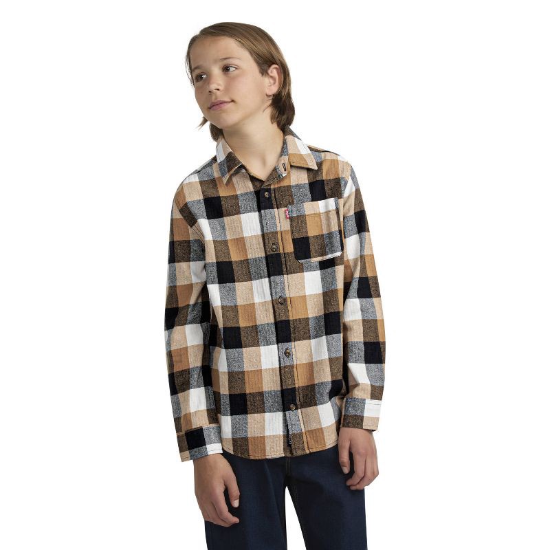 slide 1 of 3, Levi's® Boys' Long Sleeve Buffalo Check Button-Up Shirt - Brown/Black L, 1 ct
