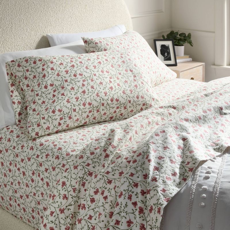 slide 2 of 4, Queen Christmas Ultra Soft Flannel Sheet Set Ivory Floral - Threshold™, 1 ct