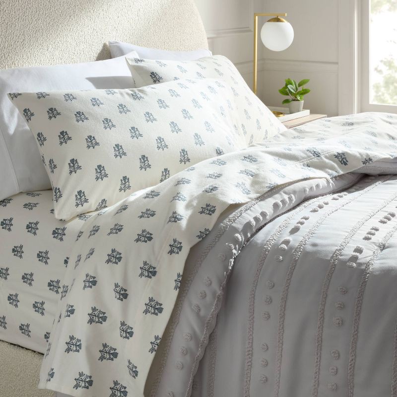 slide 2 of 3, Full Christmas Ultra Soft Flannel Sheet Set Blue Woodblock - Threshold™, 1 ct