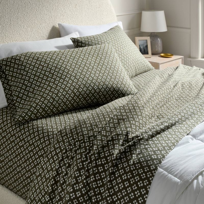 slide 2 of 3, King Christmas Ultra Soft Flannel Sheet Set Green Geo - Threshold™, 1 ct