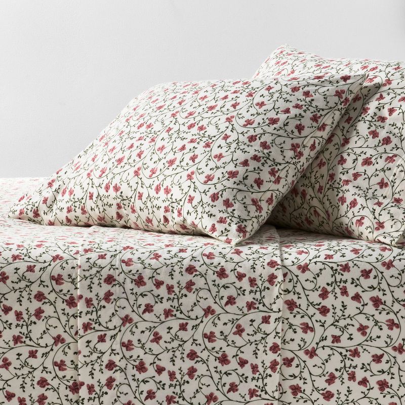 slide 1 of 3, Full Christmas Ultra Soft Flannel Sheet Set Ivory Floral - Threshold™, 1 ct