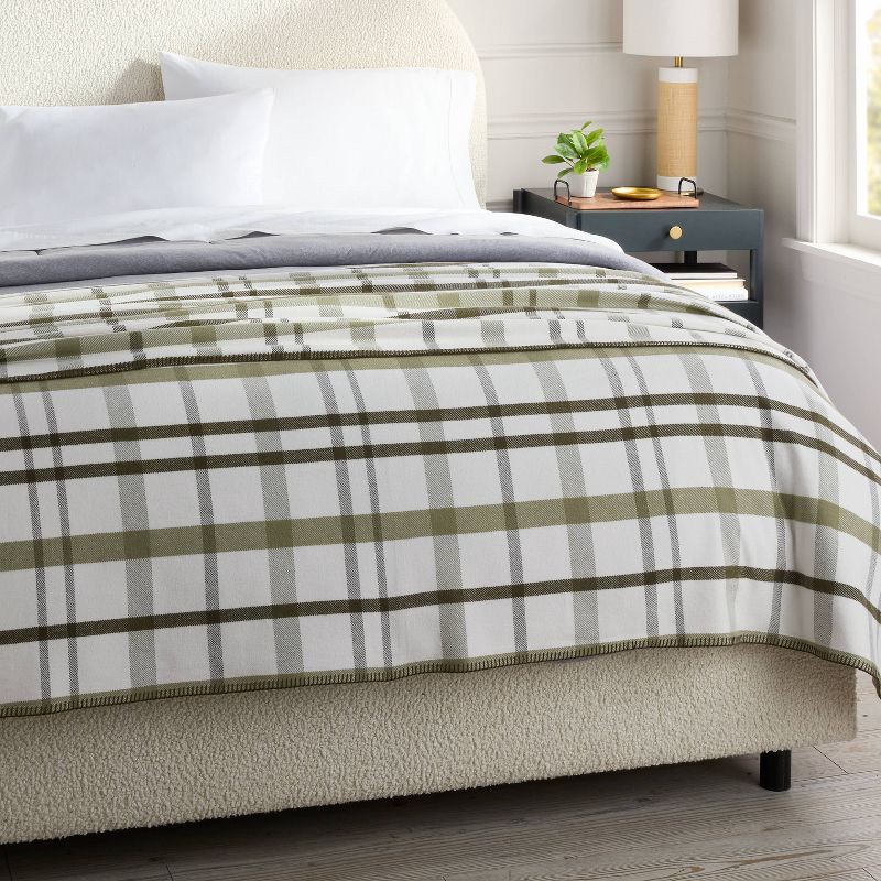 slide 2 of 3, Full/Queen Brushed Cotton Blanket Green Plaid - Threshold™, 1 ct