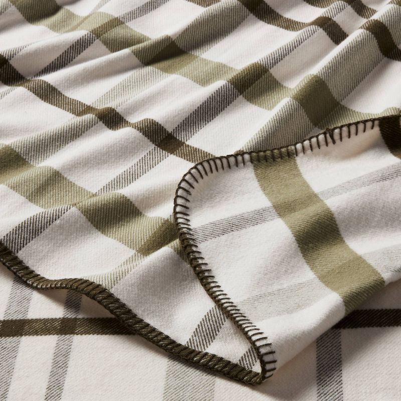 slide 3 of 3, Full/Queen Brushed Cotton Blanket Green Plaid - Threshold™, 1 ct