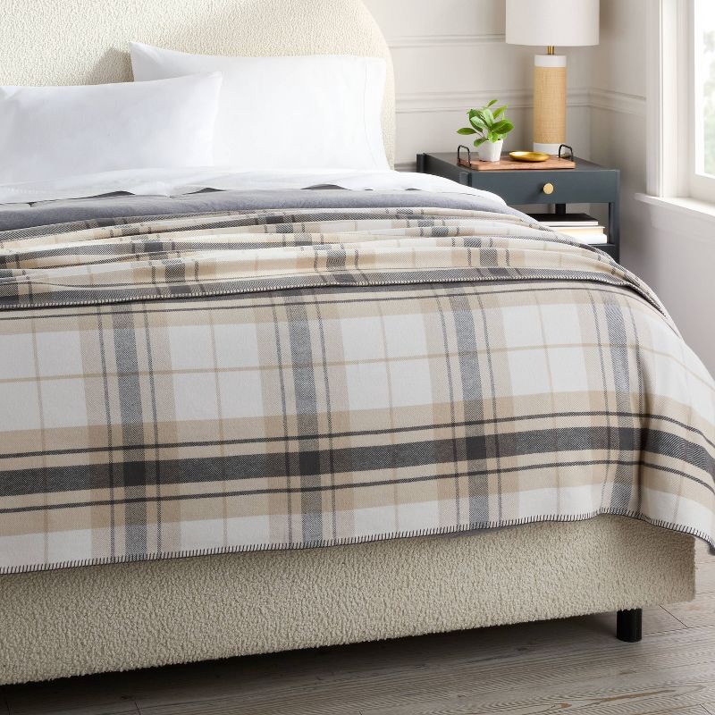 slide 2 of 3, Full/Queen Brushed Cotton Blanket Neutral Plaid - Threshold™, 1 ct