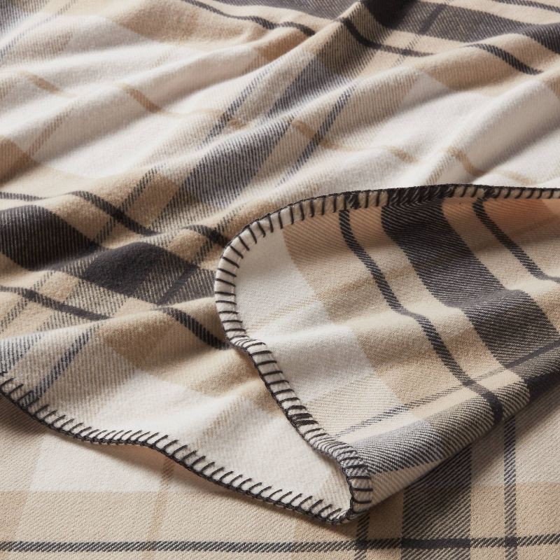 slide 3 of 3, Full/Queen Brushed Cotton Blanket Neutral Plaid - Threshold™, 1 ct