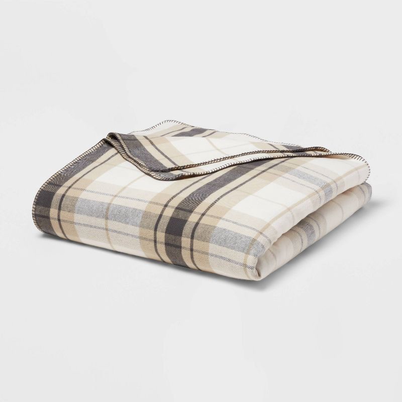 slide 1 of 3, Full/Queen Brushed Cotton Blanket Neutral Plaid - Threshold™, 1 ct
