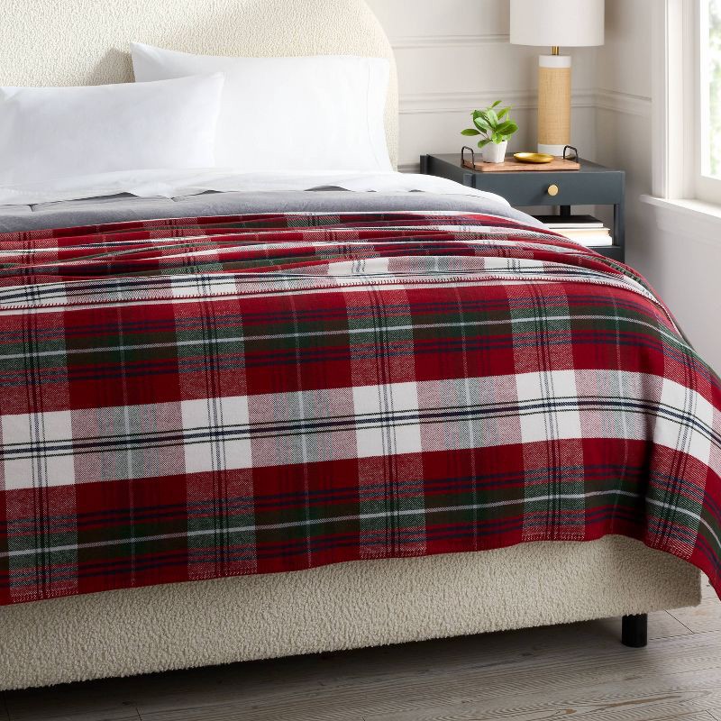 slide 2 of 3, Full/Queen Brushed Cotton Blanket Red Plaid - Threshold™, 1 ct