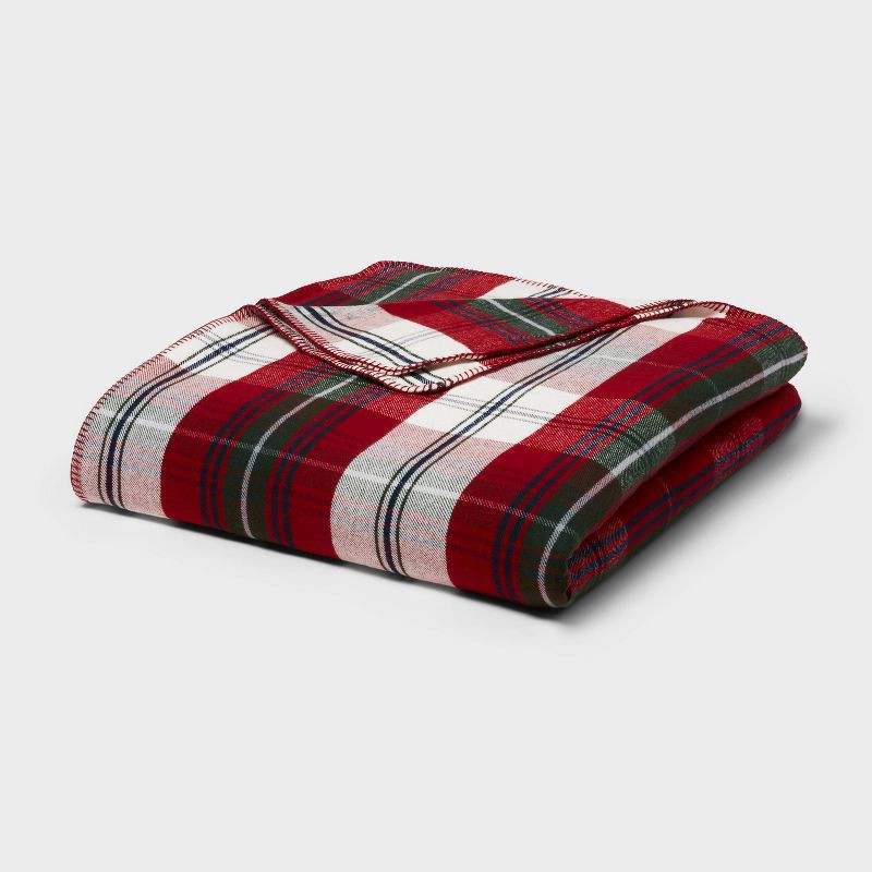 slide 1 of 3, Full/Queen Brushed Cotton Blanket Red Plaid - Threshold™, 1 ct