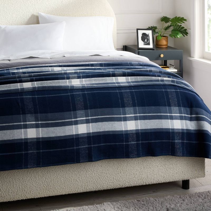slide 2 of 3, Full/Queen Brushed Cotton Blanket Blue Plaid - Threshold™, 1 ct