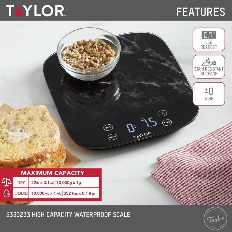 slide 3 of 11, Taylor 22lb Waterproof Digital Kitchen Food Scale Black, 22 lb