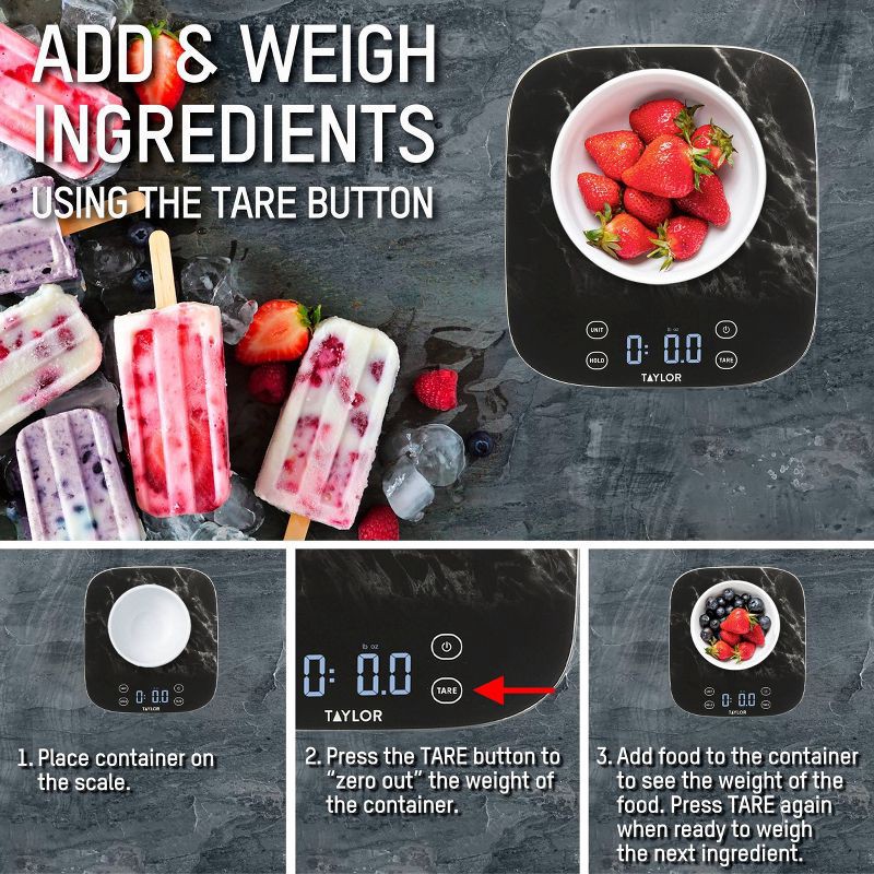 slide 9 of 11, Taylor 22lb Waterproof Digital Kitchen Food Scale Black, 22 lb