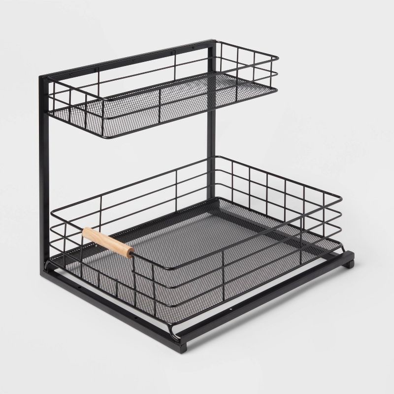 slide 1 of 3, Two Tiered Metal Under Kitchen Sink Storage Organizer Black - Brightroom™, 1 ct