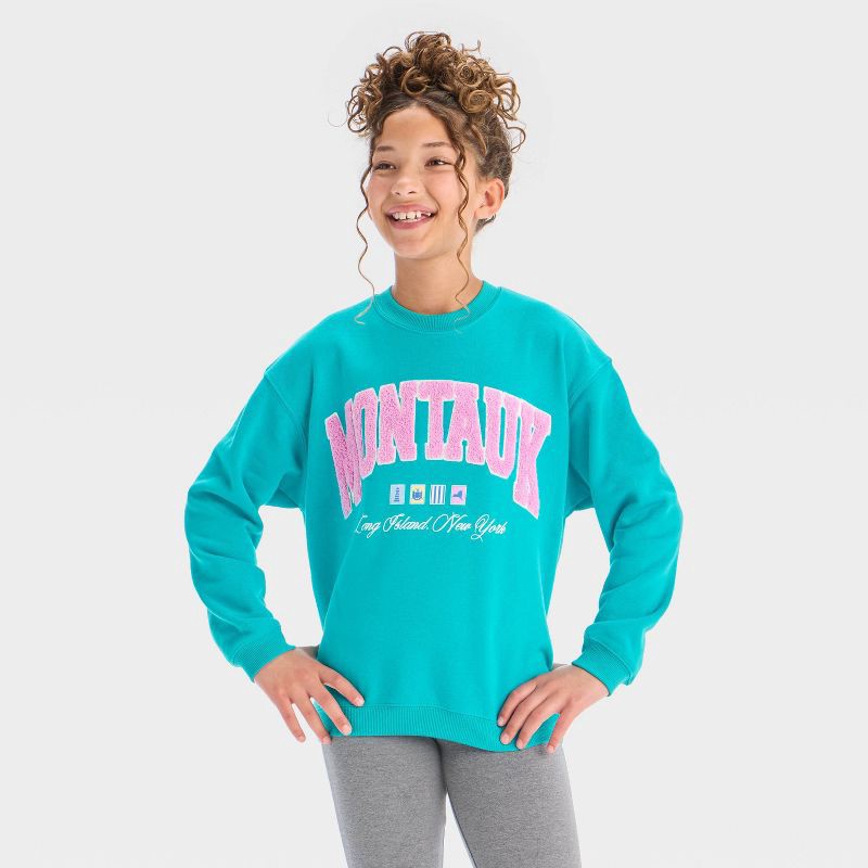 slide 1 of 4, Montauk Pullover Sweatshirt - art class™ Blue XL: Cotton & Recycled Polyester, Midweight Fleece, Crew Neck, Typography Pattern, 1 ct