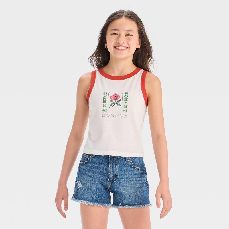 slide 1 of 4, Girls' Graphic Guns N' Roses Tank Top - White S: Cotton Polyester Blend, Scoopneck, Sleeveless, 1 ct