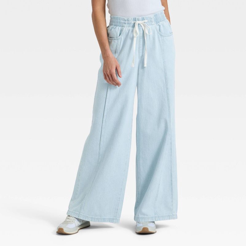 slide 1 of 3, Women's High-Rise Drawstring Wide Leg Relaxed Fit Beach Pants - Universal Thread™ Blue XS, 1 ct