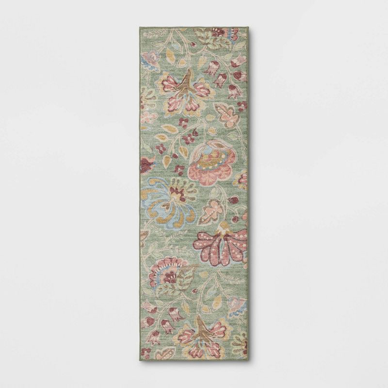 slide 1 of 4, 28"x84" Floral Memory Foam Runner Rug Sage Green - Threshold™, 1 ct