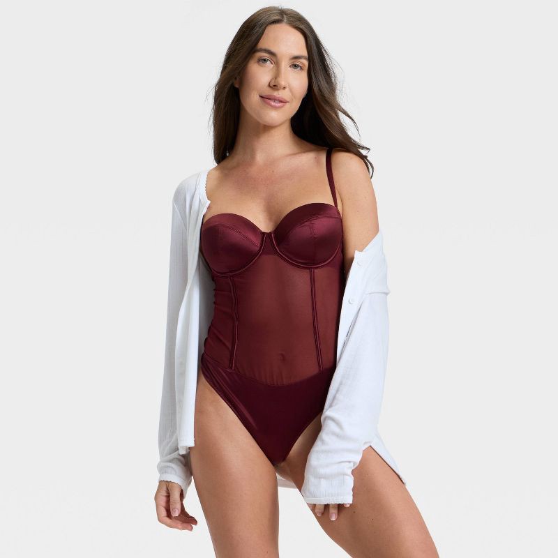 slide 3 of 5, Women's Satin and Mesh Lightly Lined Lingerie Bodysuit - Auden™ Berry Red XS, 1 ct