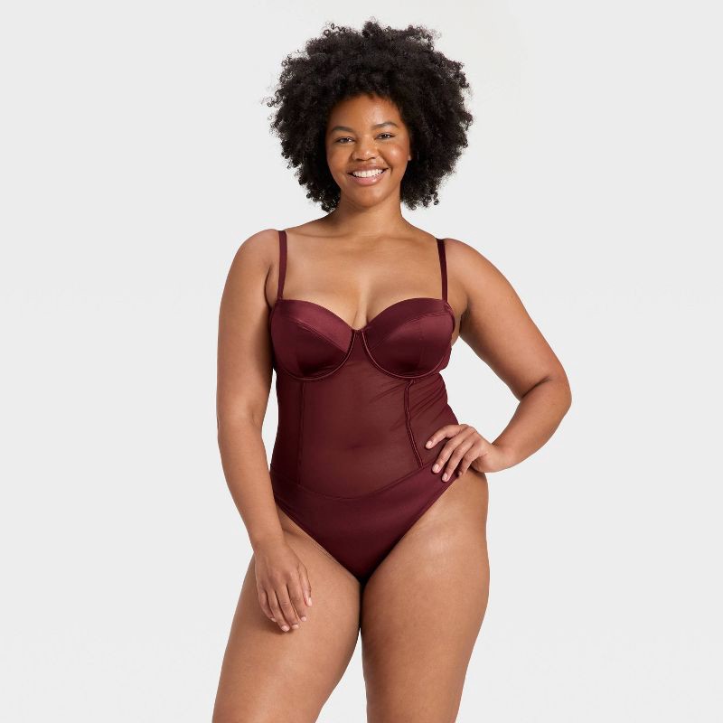slide 4 of 5, Women's Satin and Mesh Lightly Lined Lingerie Bodysuit - Auden™ Berry Red S, 1 ct
