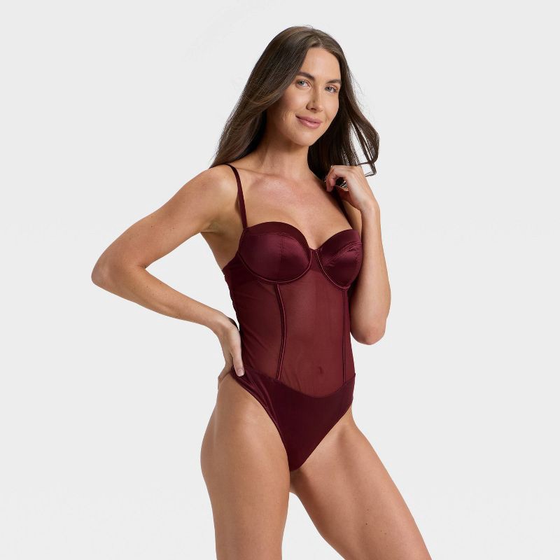 slide 1 of 5, Women's Satin and Mesh Lightly Lined Lingerie Bodysuit - Auden™ Berry Red M, 1 ct