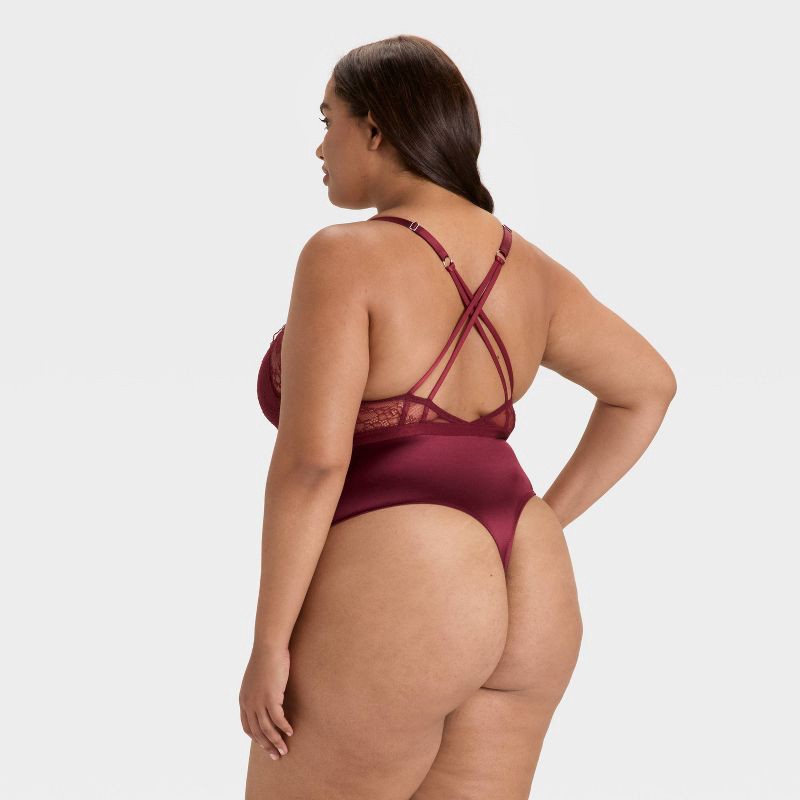 slide 2 of 3, Women's Satin and Mesh Lightly Lined Lingerie Bodysuit - Auden™ Berry Red XXL, 1 ct