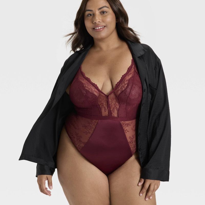 slide 3 of 3, Women's Satin and Mesh Lightly Lined Lingerie Bodysuit - Auden™ Berry Red XXL, 1 ct