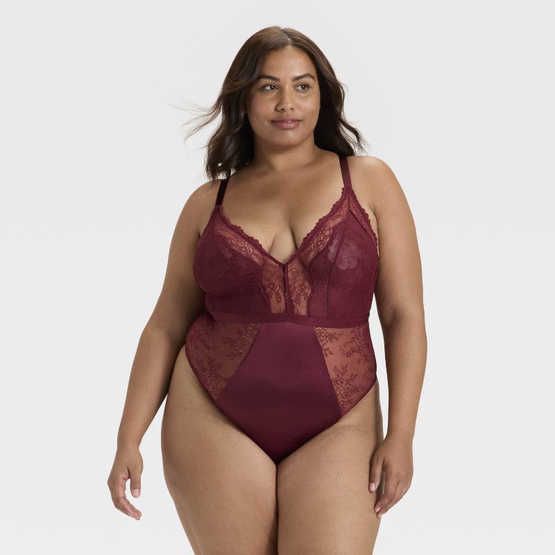 slide 1 of 3, Women's Satin and Mesh Lightly Lined Lingerie Bodysuit - Auden™ Berry Red XXL, 1 ct