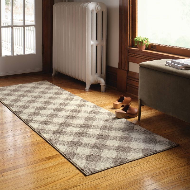 slide 2 of 4, 2'4"x7' Gingham Washable Runner Rug Heathered Gray/Ivory - Threshold™, 1 ct