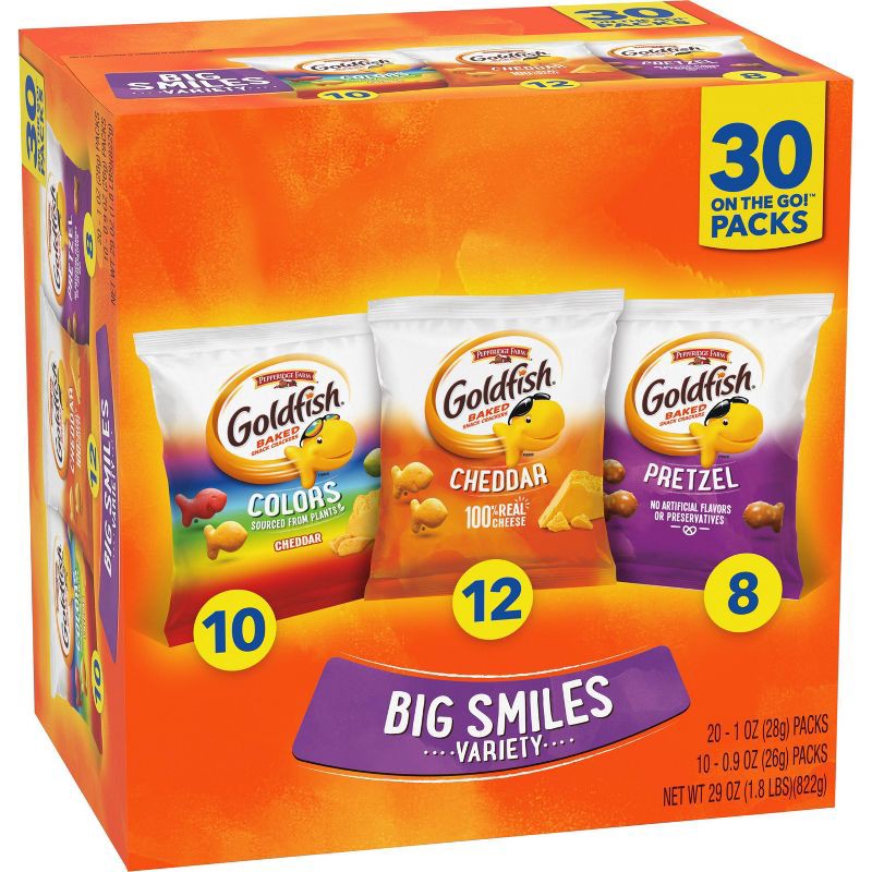 slide 2 of 8, Goldfish Crackers Big Smiles Variety Pack with Cheddar, Colors and Pretzels Snack Packs - 29oz/30ct, 29 oz, 30 ct