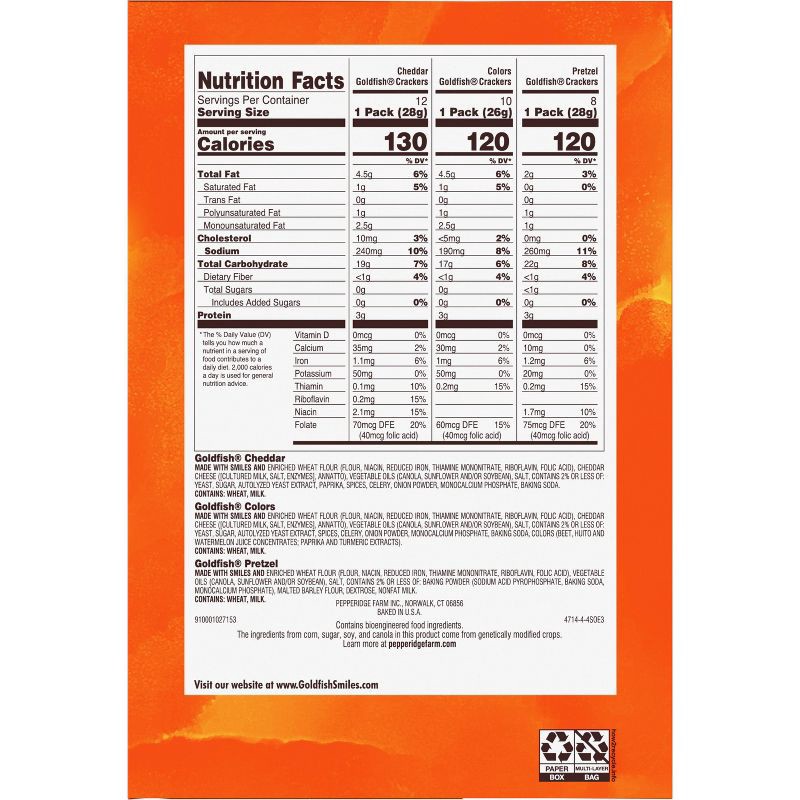 slide 7 of 8, Goldfish Crackers Big Smiles Variety Pack with Cheddar, Colors and Pretzels Snack Packs - 29oz/30ct, 29 oz, 30 ct