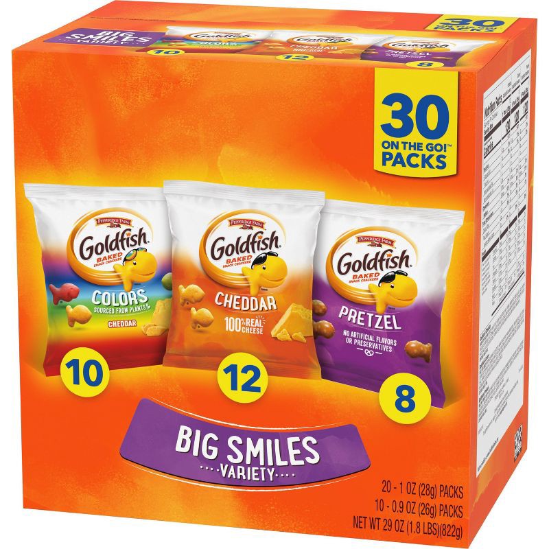 slide 8 of 8, Goldfish Crackers Big Smiles Variety Pack with Cheddar, Colors and Pretzels Snack Packs - 29oz/30ct, 29 oz, 30 ct