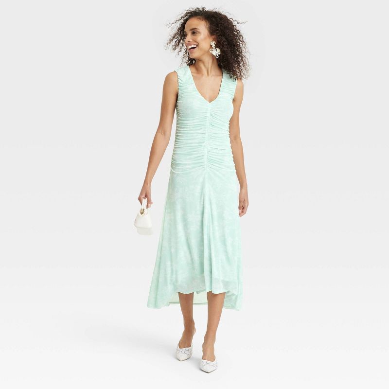slide 3 of 3, Women's Ruched Midi Sundress - A New Day™ Green Floral M: Sleeveless V Neck Pullover, Lightweight Knit, Machine Washable, 1 ct