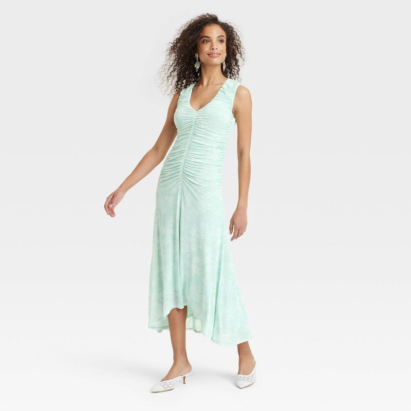 slide 1 of 3, Women's Ruched Midi Sundress - A New Day™ Green Floral M: Sleeveless V Neck Pullover, Lightweight Knit, Machine Washable, 1 ct