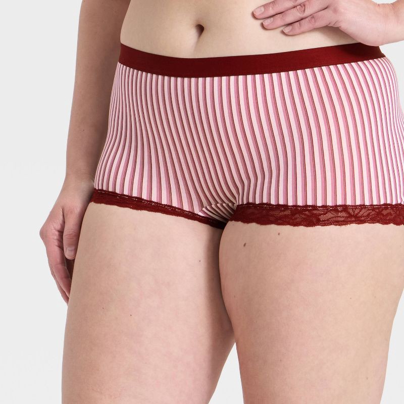 slide 4 of 5, Women's Striped Cotton Blend Boy Shorts Underwear with Lace - Auden™ Berry Red XS, 1 ct