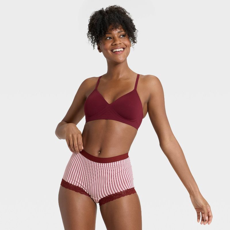 slide 3 of 5, Women's Striped Cotton Blend Boy Shorts Underwear with Lace - Auden™ Berry Red L, 1 ct