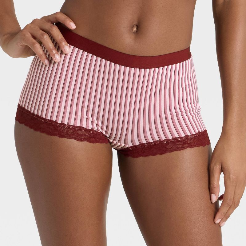 slide 1 of 5, Women's Striped Cotton Blend Boy Shorts Underwear with Lace - Auden™ Berry Red XL, 1 ct