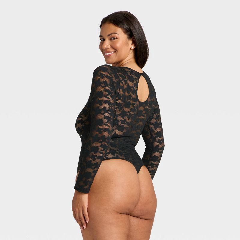 slide 5 of 5, Women's Shadow Floral Lace Longsleeve Lingerie Bodysuit - Auden™ Black XS, 1 ct