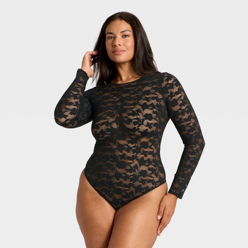 slide 4 of 5, Women's Shadow Floral Lace Longsleeve Lingerie Bodysuit - Auden™ Black S, 1 ct